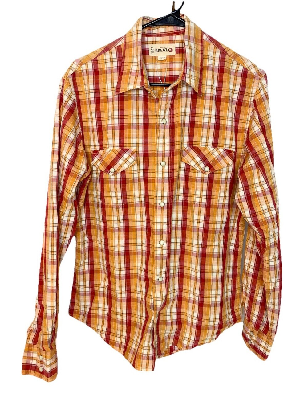 BKE Vintage Mens Western Pearl Snap Long Sleeve Orange Red Size M